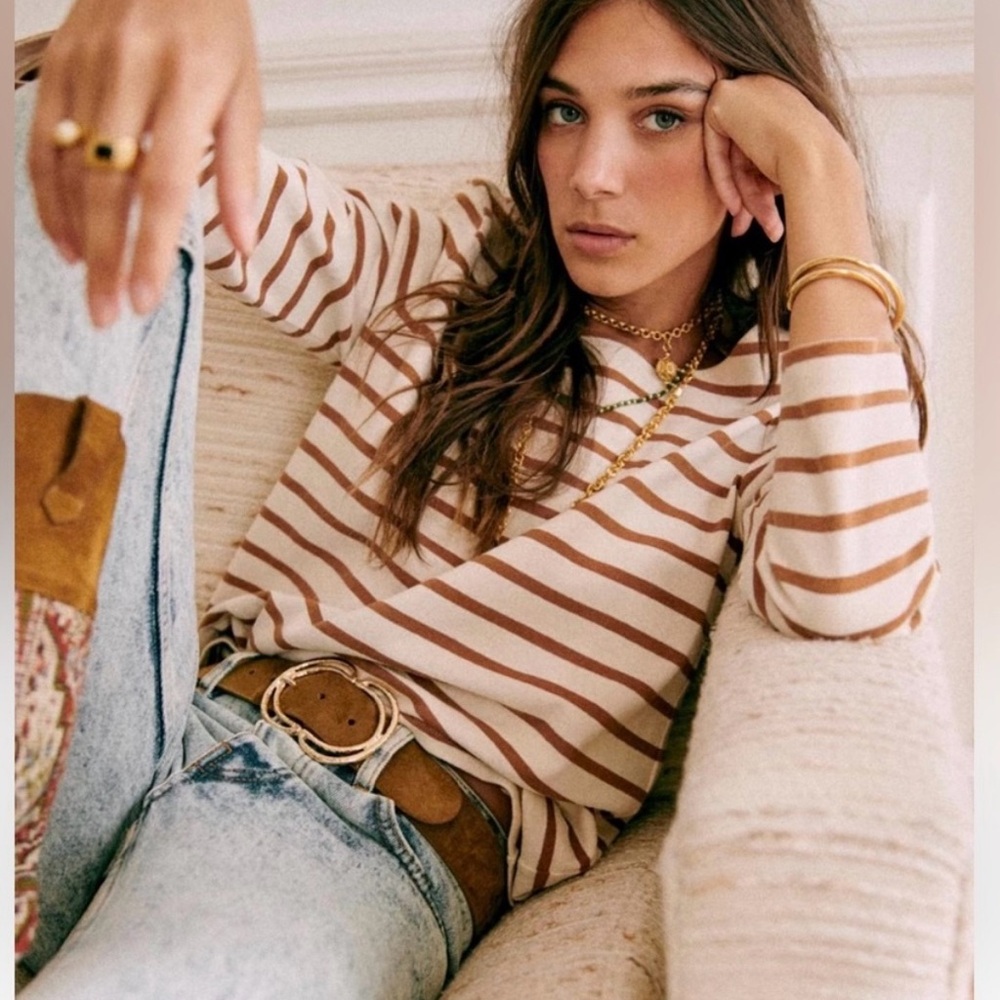 Sezane Colette Mariniere Stripe Breton Top Ecru/Camel Size M 🍂🍁🍂